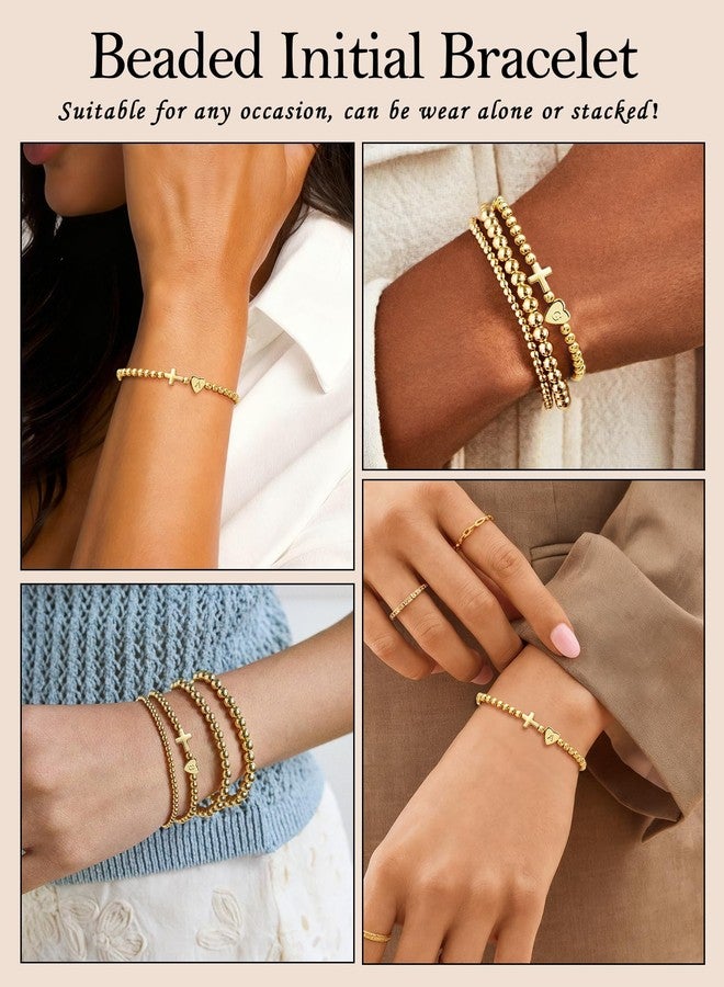 TLY Cross Bracelets for Women Initial Beaded Stretch Elastic Heart Bracelet 14K Gold Plated Dainty Trendy Friendship Bracelets Stack Stocking Stuffers for Women Teens A-Z Letter Charm Bracelet Christmas Gifts - Image 5